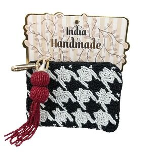 India Handmade Beaded Houndstooth Coin Purse Keychain Black White Red Tassel NWT